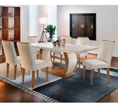 Conjunto De Mesa De Jantar Com 6 Cadeiras Estofadas Maia ... Cor Off White