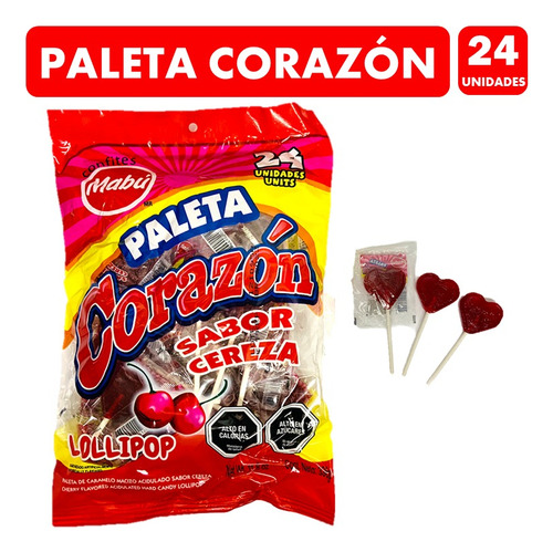 Paleta Corazón Mabú - Sabor Cereza (bolsa Con 24 Unidades)