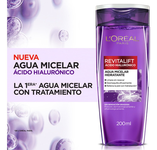 Imagen 5 de 9 de Agua Micelar L'oréal Paris Ácido Hialurónico X 200ml