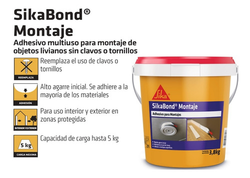 Imagen 2 de 7 de Sikabond Montaje Adhesivo Multiuso Balde 3,8 Kgs