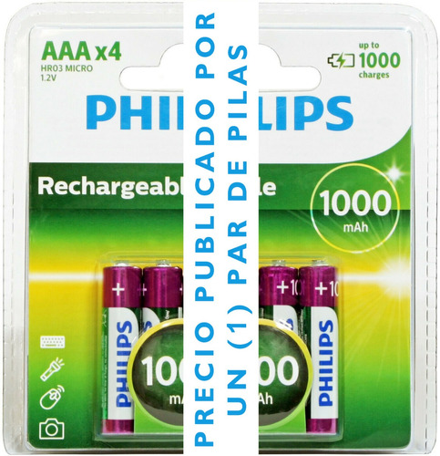 Pilas Aaa 1000 Mah Recargables Philips Para Telefono, Camara