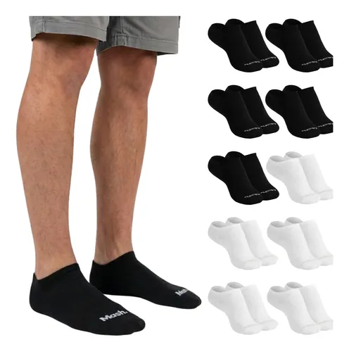 Pernas masculinas vestindo meias invisíveis pretas Mash ao lado de uma grade com 10 pares de meias pretas e brancas