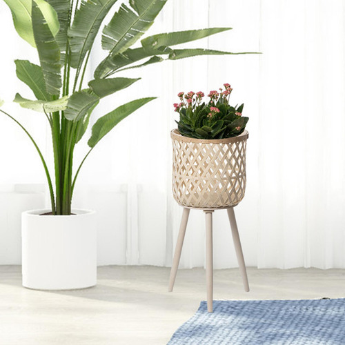 // Macetero De Suelo Con Cesta De Ratán, Beige 61x27,5cm