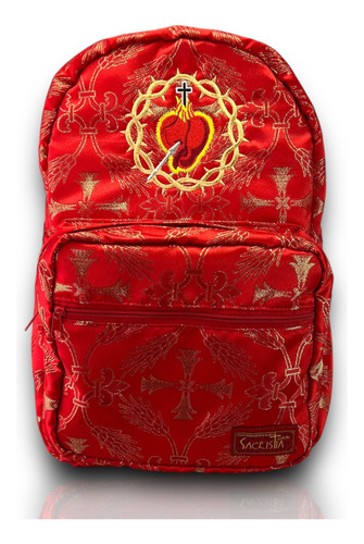 Mochila Sacristía En Tela Brocada Roja Con El Corazón De Jesús Bordado