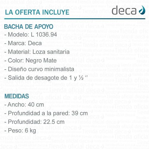 Imagen 6 de 10 de Bacha L1036 Redonda Apoyo Negro Mate Deca Media Luna Unica