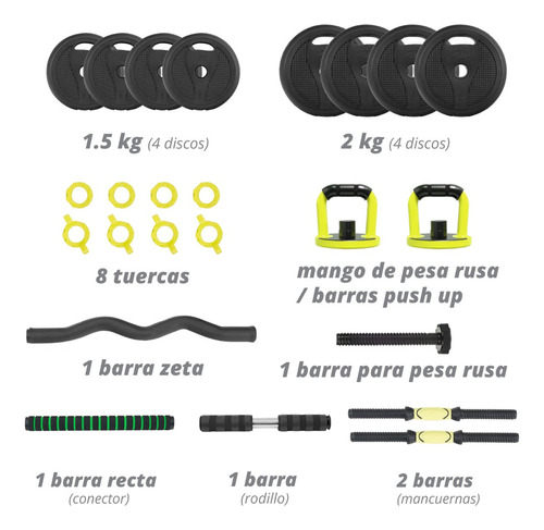 Set De Mancuernas Ajustables Altera Kit Con Pesa Rusa 15kg Color Verde