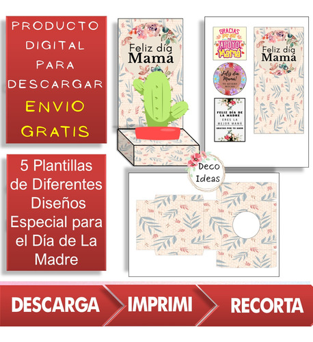 Kit Imprimible 02 Portamacetas Dia De La Madre Cactus + Tag