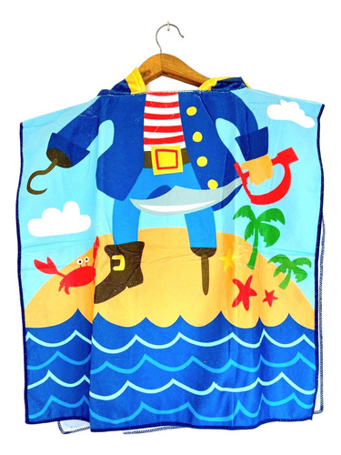 Poncho Toallon Con Capucha Infantil Salida Para Pileta Azul Pirata