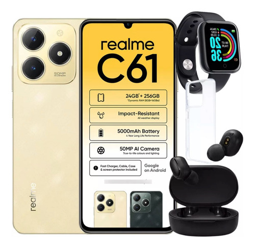 Realme C61 Nfc 256 Gb 8 Gb Ram+ Fone Bluetooth + Relogio Dourado