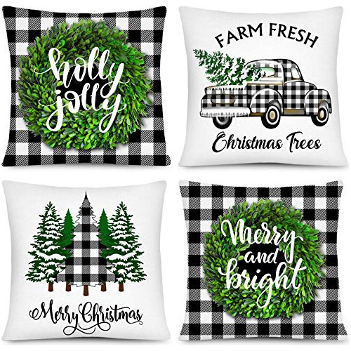 Christmas Pillow Case White Black Plaid Pillow Cover Xm...