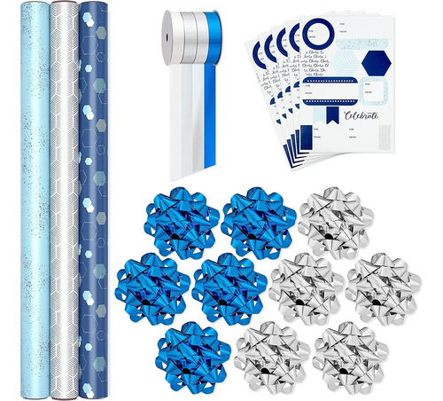 Juego De Papel De Regalo Azul Y Plateado 3 Rollos: 90 P...