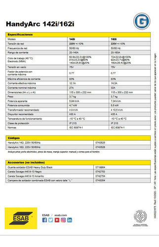Imagen 8 de 10 de Soldadora Inverter Esab Conarco Handy Arc 162i Electrodo Mma