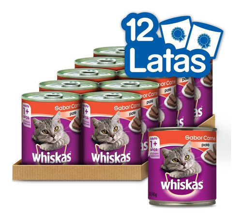 Imagen 1 de 7 de Whiskas Alimento Húmedo Lata Gato Adulto Carne 340gr X12 Un