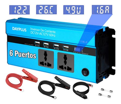 Inversor De Corriente Dayplus Coche Máxima 2000w Dc12v Ac127v 4usb