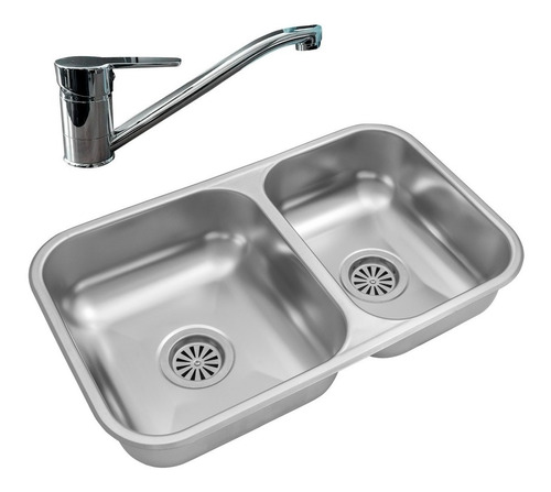 Combo Bacha Doble Johnson Rr63 + Canilla Monocomando Juego Cocina Acero Inoxidable 430 Pileta Metal Pico Aireador Cromo