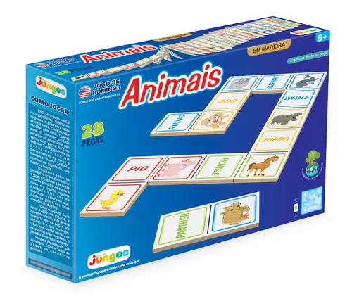 Dominó Animais em Inglês Jogo Educativo de Madeira Brinquedos