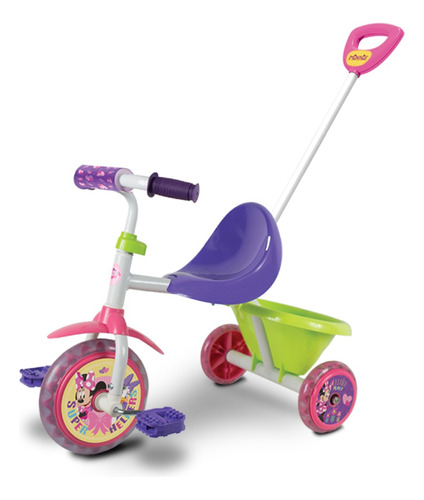Triciclo Tiny Minnie Disney Con Barra De Arrastre Y Canasto