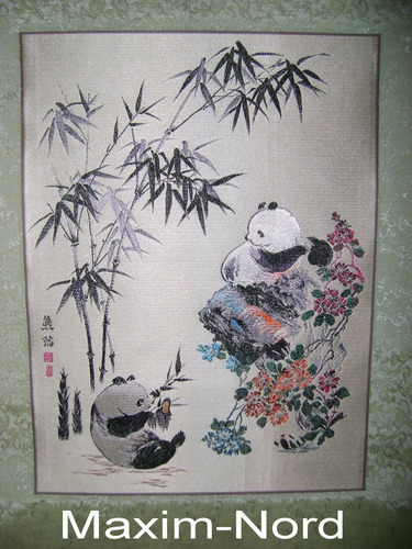 Lujoso Bordado Seda Shu O Kakemono Chino Pandas - No Envío