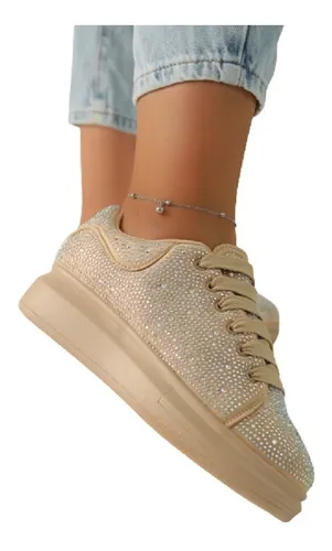 Tenis Sneakers Brillos Casual Para Mujer Hanna Mx Sia Beige