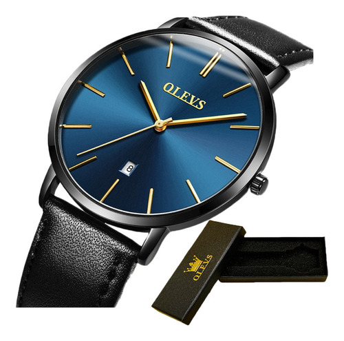 Reloj De Cuarzo Simple Olevs Con Calendario De Cuero Para Ho Color del fondo Negro/Azul