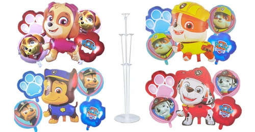 Set 5 Globos Metálicos Diseños Paw Patrol + Soporte Globo