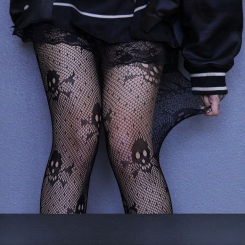 Medias Pantimedias De Red Con Calaveras Lolita Kawaii Negro Unitalla