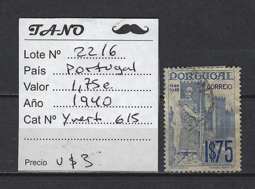 Lote2216 Portugal 1,75 E Año 1940 Yvert# 615