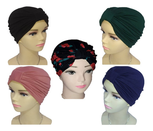5 Turbantes Gorros Oncológicos Para Mujer Dama, Alopecia Color Negro-#43-marino-verde-palo De Rosa Osc