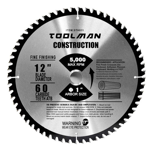 Toolman Hoja Sierra Circular Arbor 60t 12  1  Alta Calidad