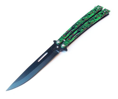 Navaja Mariposa Balisong Práctica Curva Acero Inox Calavera