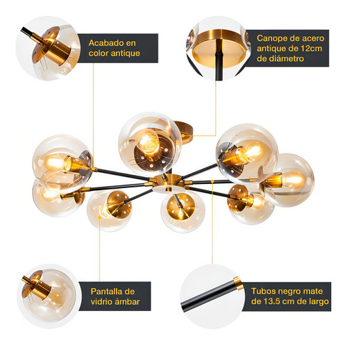 Lámpara De Techo Opulent Niquel Satinado E27 40w 8 Luces Dorado