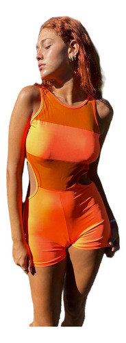 Mono Enterito Catsuit Lycra Y Tull Verano Moda Mujer