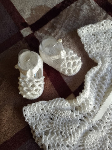 Conjunto Vestido, Sandalias Y Vincha Blanco 1 - 3 Meses