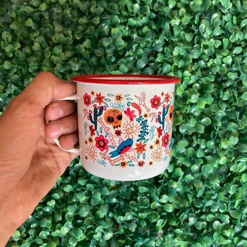 Imagen 1 de 4 de Taza Peltre Calavera Nopal Diseño Mexicano