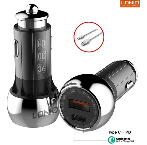 Cargador De Auto 36w Usb-c + Usb Fast Chager Laptop Ldnio C1