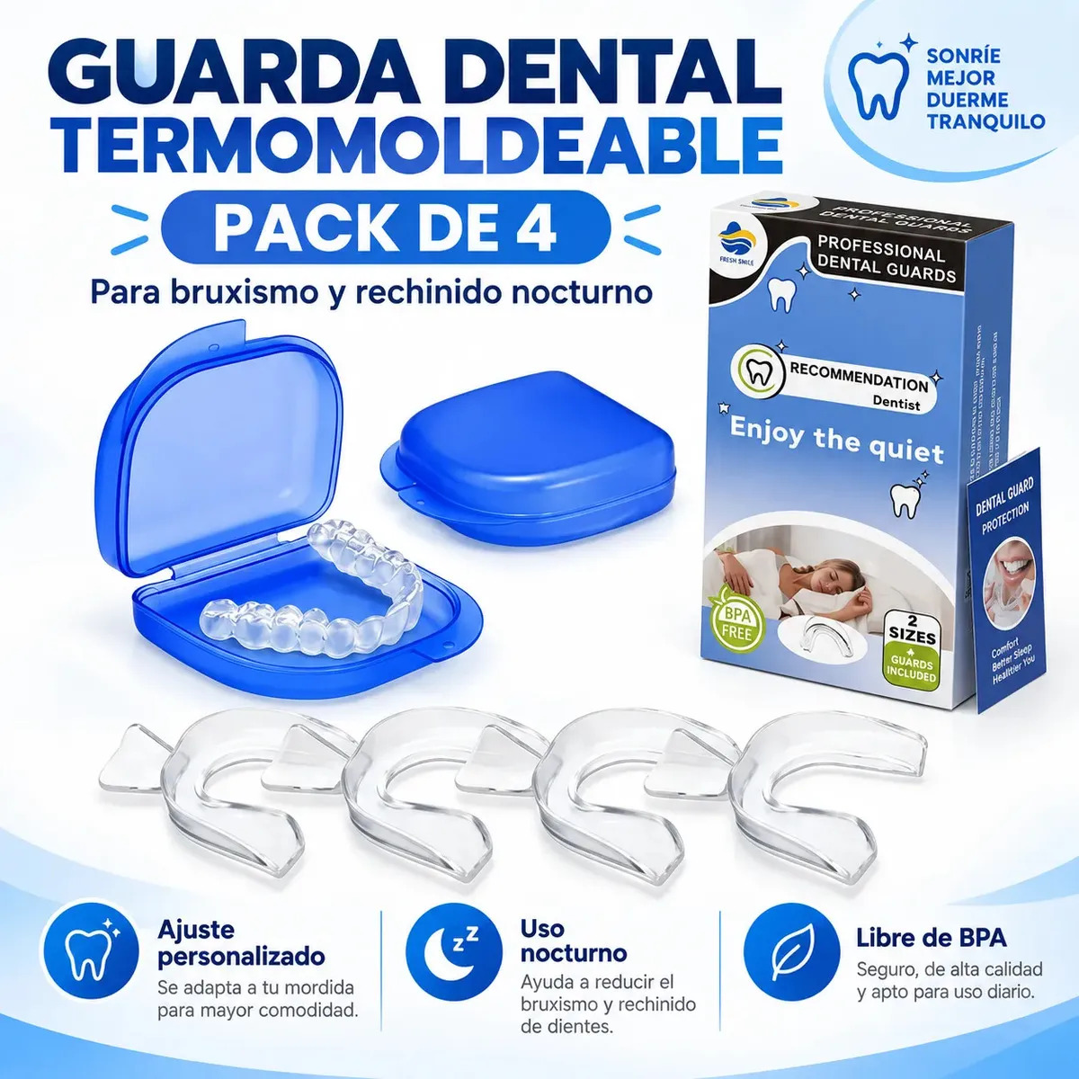 Guarda Dental Surprise Termomoldeable para Bruxismo y Rechinamiento de Dientes, Pack de 4 Protectores Nocturnos Anti-estrés
