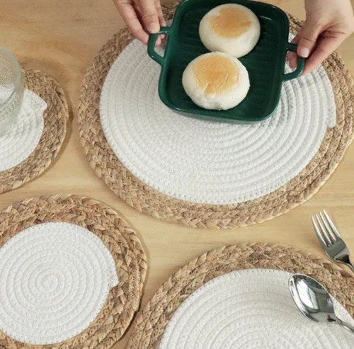 Individuales De Mesa Redondos Rustico Boho 38cm Pack X 5 Beige