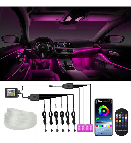 Led Interior Auto 8mts Fibra Óptica Rgb Control App 10 En 1