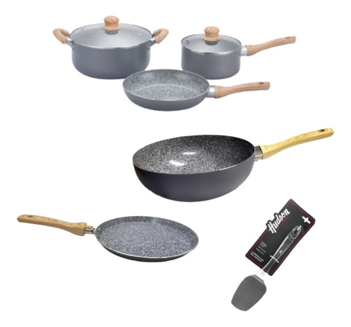 Set 7pz Olla Cacerola Sarten Hudson Wok Panq Granito Antiadh