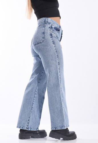Pantalones Wide Leg Mujer Denim Rígido Tiro Medio