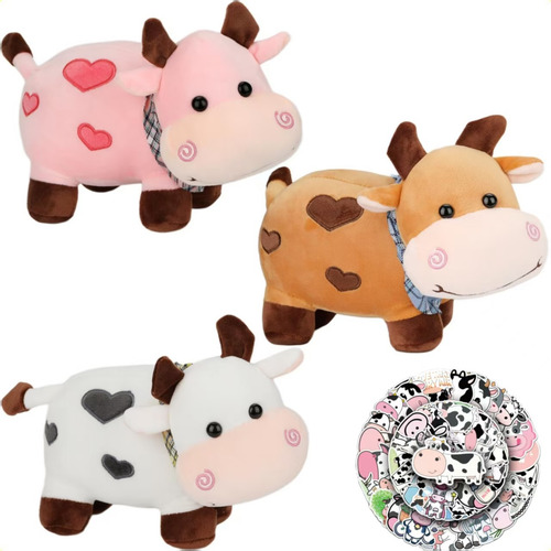 3pcs Muñeca Felpa Vaca Sonriente, Juguete Con 50 Pegatinas