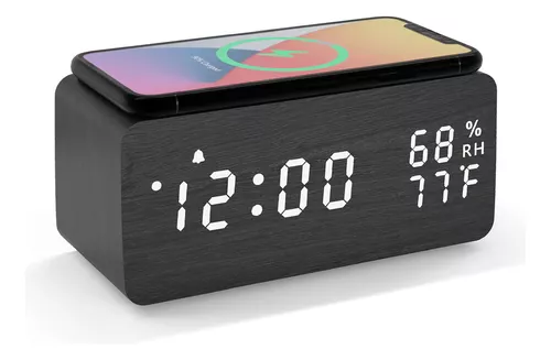 Reloj Despertador Digital De Madera Con Carga Inalámbrica Y