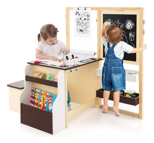 Juego De Banco Mesa Para Pintar Ajustable Niños Café