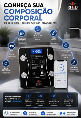 Balança Igual Balança Digital Bioimpedância Profissional smart imc 180kg Bluetooth ...