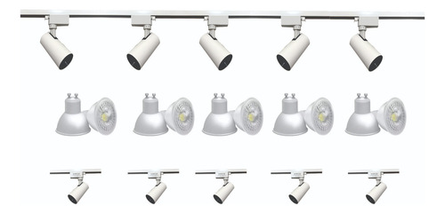 Riel Luces Blanco 2mt + 5 Cabezales + 5 Lamparas Dicro Gu10 Blanco