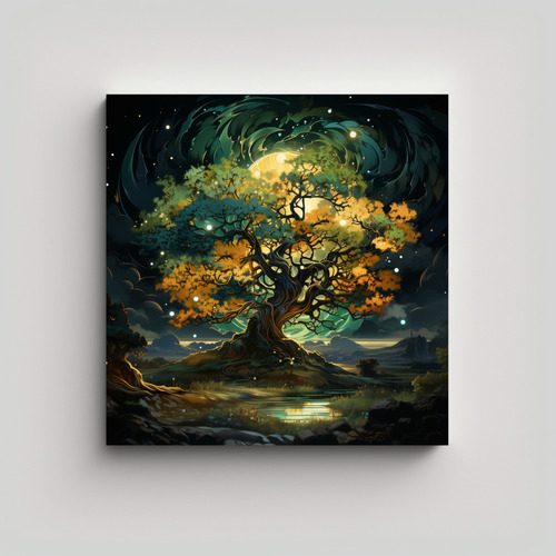 40x40cm Cuadro Lienzo Vanguardia Árbol Roble Verde Dorado