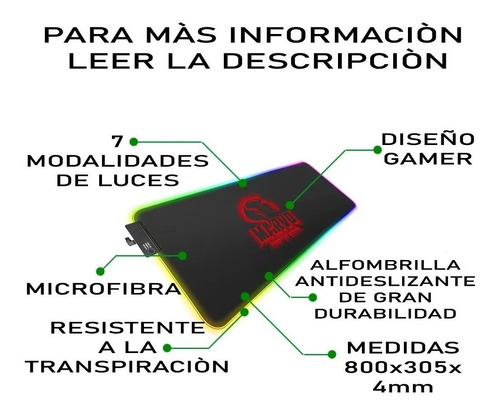Imagen 3 de 7 de Mouse Pad Gamer Led Rgb Retroiluminado Usb 800x300x4mm Pcreg