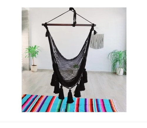 Silla Hamaca Pompones Negra Algodón Con Par Extension Black
