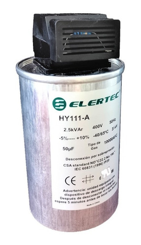 Capacitor Monofasico Elertec 2,5 Kvar 400v 50 Uf