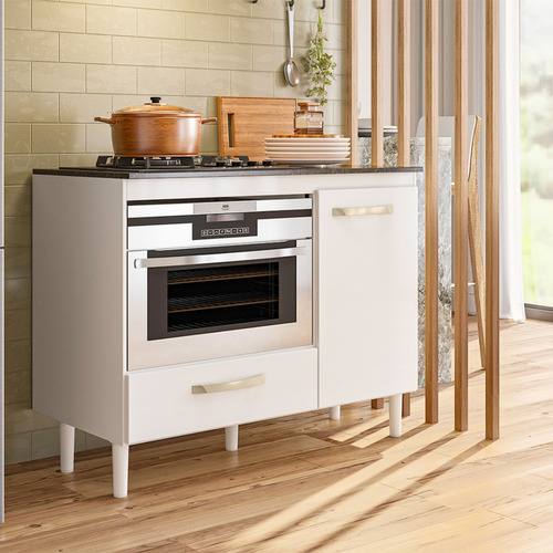 Balcão De Cozinha Compacto Évora Para Cooktop 4 E 5 Bocas Com 1 Gaveta E 1 Porta E Nicho Para Forno Multifuncional Cor Branco Sobreira Móveis